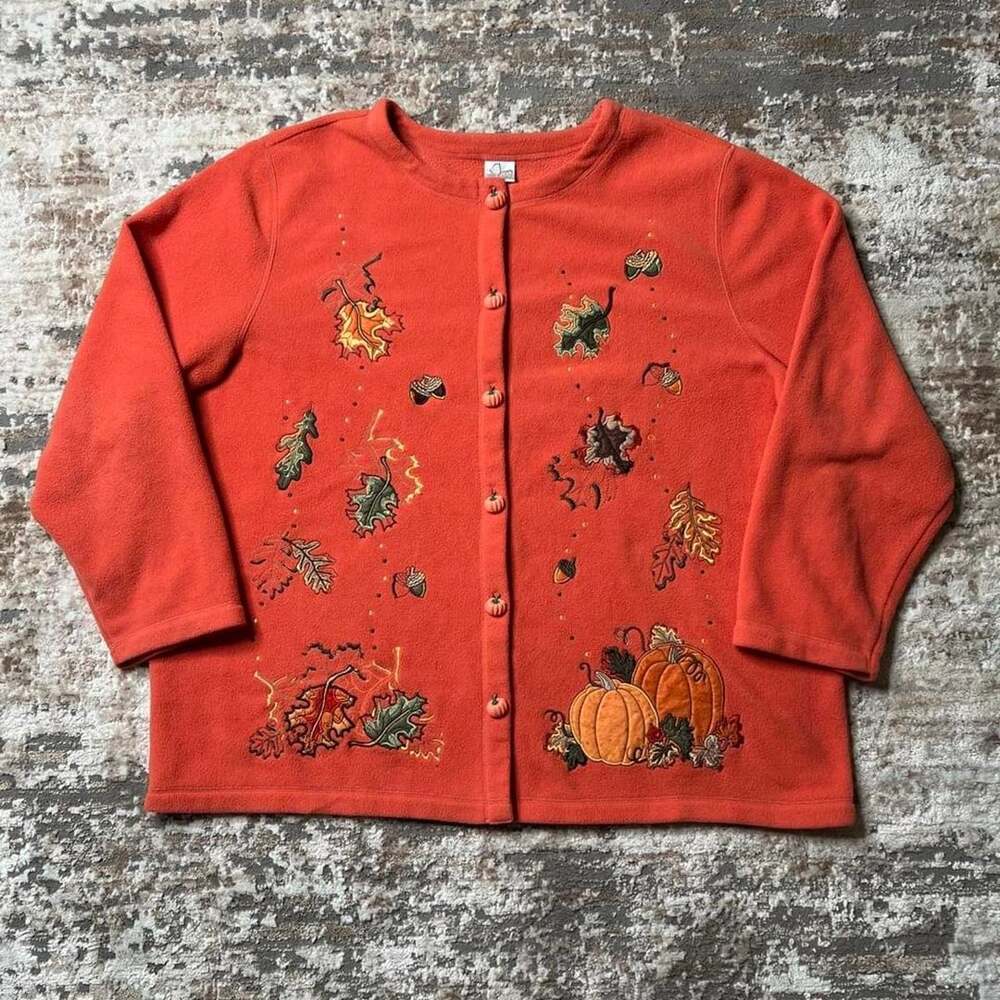 Vintage Fashion Bug Fall Pumpkin Leaf Embroidered Fleece Cardigan